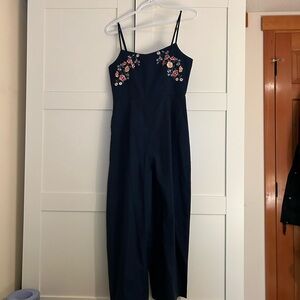 The Vintage Shop Navy Jumpsuit with Floral Embroidery
